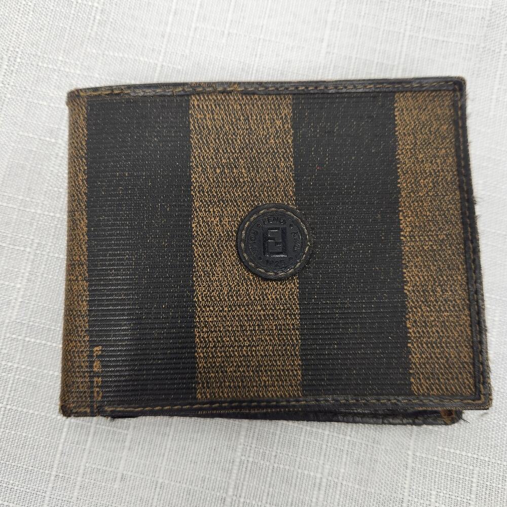 Vintage Fendi Tobacco Pequin Coated Canvas Bifold Wallet Stripe Compact Poor